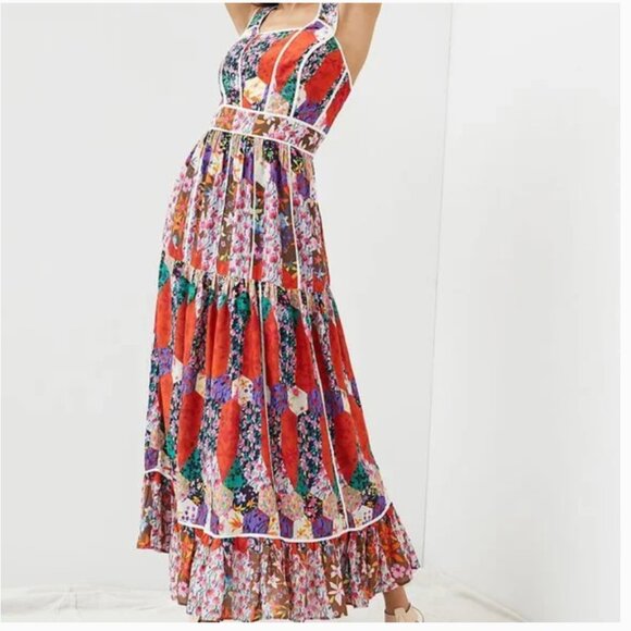 ⭐️ Square Floral Peasant Boho Art Deco Chic Hip Farm Glam Patchwork Maxi Dress - Picture 3 of 9
